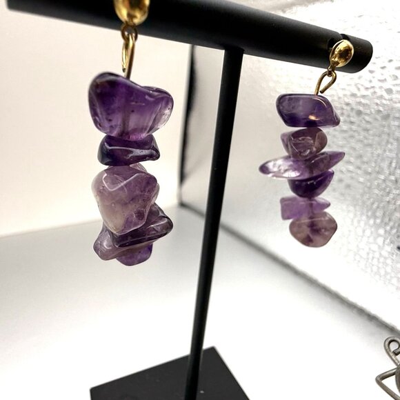 Vintage Amethyst Stone Jewelry Lot Ring Pendant Earrings Trio - Picture 2 of 5